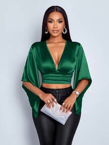 SOLERSUN 春夏女装优雅通勤商务休闲V领收腰褶皱亮面缎面面料不规则荷叶袖派对情人节约会度假红色短衬衫 - 綠色 - 查看 6