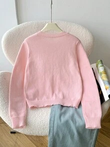 SHEIN Tween Girl Loose Casual Minimalist Comfortable Round Neck Open Front Solid Color Sweater - Pink - View 2