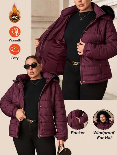 Chikora Chaqueta casual de invierno con capucha, cuello con cremallera y manga larga para mujer de talla grande