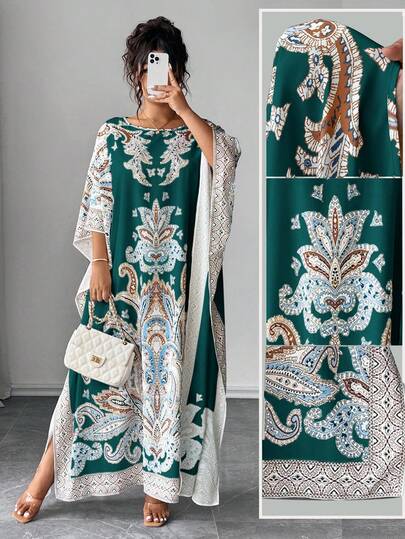 Rometta Plus Size Batwing Sleeve Round Neck Printed Loose Fit Dress, Suitable For Vacation And Gatherings