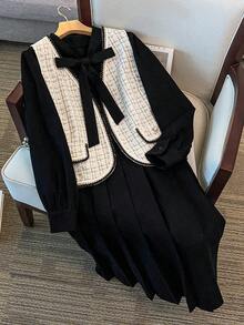 GlowEve CURVE Set da donna taglie forti elegante composto da gilet da pendolare e abito plissettato a maniche lunghe - Bianco e nero - Visualizzare 3