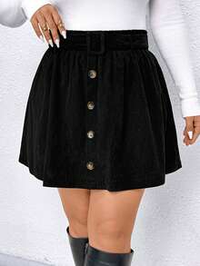 Elenzga Plus-Size Casual Black Button-Decorated A-Line Skirt,Women's Smart Casual Autumn Everyday Back-To-School Elegant Short Skirt For Office Party Wedding - Black - View 4