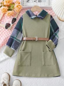 SHEIN Elladie kids 女童撞色格纹长袖口袋休闲连衣裙 - 橄欖綠 - 查看 6