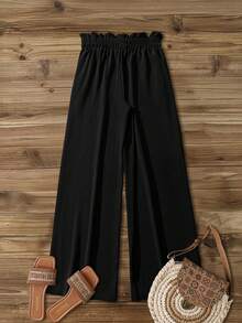 SHEIN PETITE Quần ống rộng họa tiết ngọc trai đen giản dị cho nữ, viền xếp nếp, cạp chun, túi bên hông, mùa xuân/hè - màu đen - Xem 2