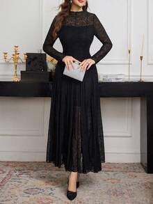 Modelyn Elegant High-End Black Lace Flowy Dress, Spring/Summer - Black - View 5