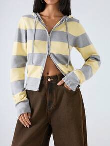 LYSMO 女士条纹长袖拉链抽绳连帽开衫 - 彩色 - 查看 5