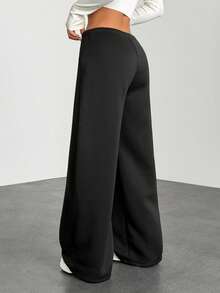 SHEIN PETITE Quần nỉ ống đứng đơn giản buộc dây phía trước màu trơn dành cho nữ, trang phục thường ngày mặc khi tốt nghiệp, trở lại trường, tốt nghiệp, trang phục giáo viên dành cho nữ, trở lại trường - màu đen - Xem 2