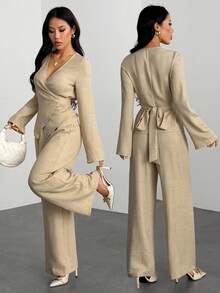 SHEIN PETITE Bộ quần áo thu đông đơn sắc tối giản hàng ngày dành cho nữ mới về - Màu be - Xem 1