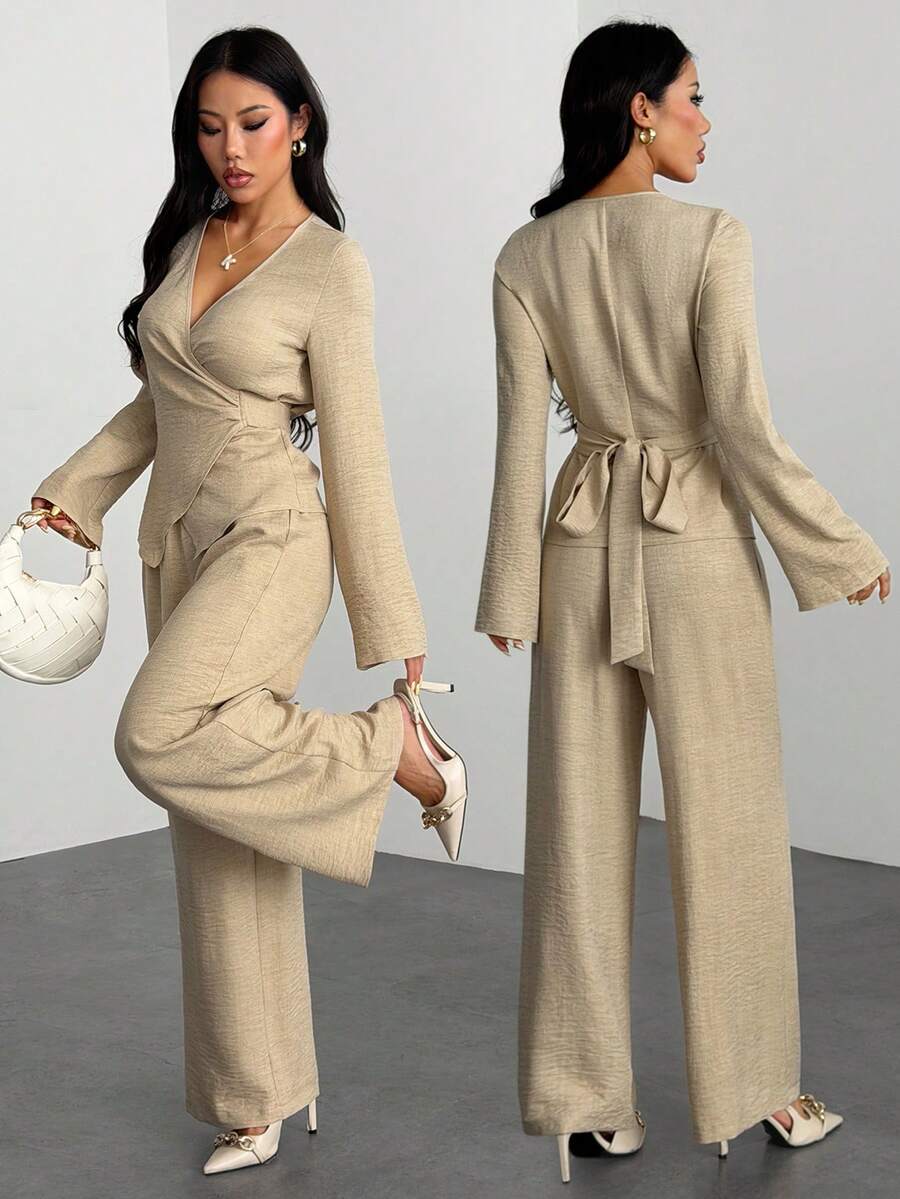 SHEIN PETITE Bộ quần áo thu đông đơn sắc tối giản hàng ngày dành cho nữ mới về - Màu be - Xem 1