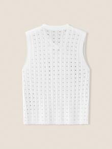 SHEIN Unity Women's Elegant White Summer Casual Vintage Lace-Up Hollow Out Knit Top,Retro Preppy Style Back-To-School Commuting Office Wear Dates Afternoon Tea - White - View 3