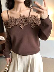 DAZY Women's Solid Color Embroidered Applique Long Sleeve Sweater - Brown - View 1