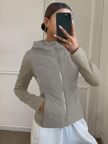 DAZY 女士修身拼接绗缝外套，秋冬款 - 綠色 - 查看 1