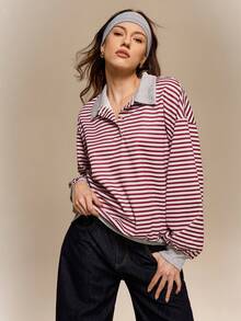 Hanevo 女士休闲条纹印花撞色 Polo 领纽扣落肩长袖宽松卫衣，适合日常穿着和返校季 - 彩色 - 查看 1