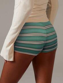 Athîral Striped Print Knotted Casual Fashionable Shorts, Suitable For Summer - Green - View 2