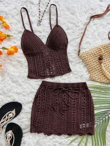 Soleia 全新休闲度假西部海滩婚礼宾客服装返校毕业早午餐、圣帕特里克节春假复活节音乐节优雅波西米亚风热带露背钩针露背短款上衣和迷你裙两件套女装 - 卡其色 - 查看 1