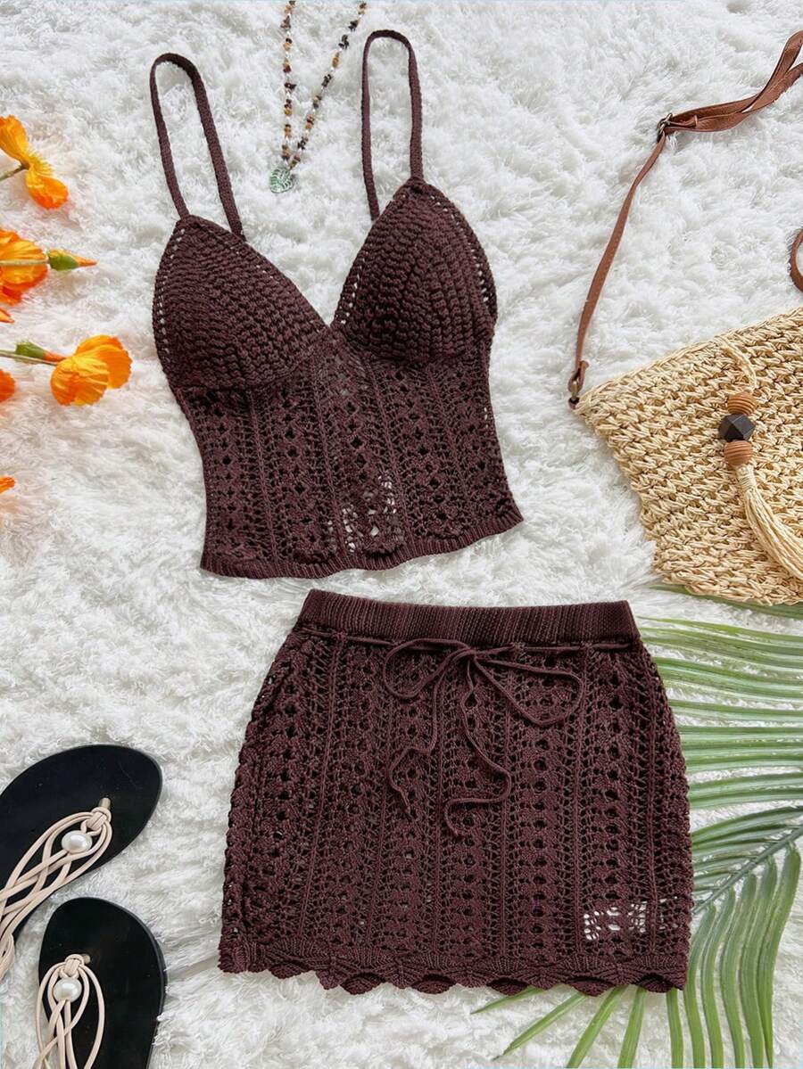 Soleia 全新休闲度假西部海滩婚礼宾客服装返校毕业早午餐、圣帕特里克节春假复活节音乐节优雅波西米亚风热带露背钩针露背短款上衣和迷你裙两件套女装 - 卡其色 - 查看 1