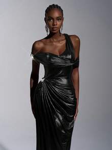 Elitara Váy dạ hội dài chữ A tay Dolman cổ lệch xếp ly mạ bạc sang trọng và thanh lịch - màu đen - Xem 1