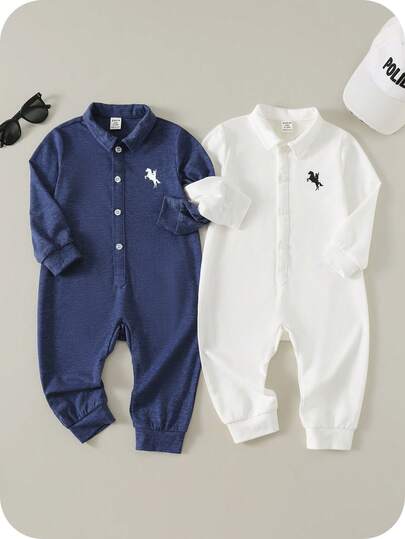 SHEIN 两件套优雅学院风马标长袖连体衣套装，舒适百搭休闲时尚基础款日常可爱简约设计，适合室内、户外滑雪、日常穿着、运动、派对、拍照、节日、街头风、圣诞节、新年、新生儿男女宝宝秋冬季服装。