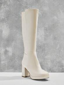 SHUZIA Botas de plataforma con puntera cuadrada, cómodas y glamorosas, de PU con cremallera interior para mujeres - Blanco - Ver 5