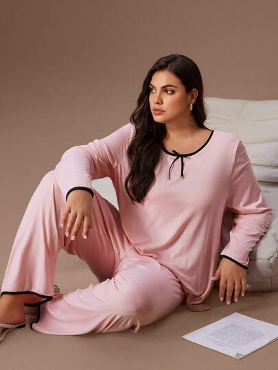 Lazeform Plus Size Bowknot Decor Contrast Color Casual Lounge Wear Pajama Set, Suitable For Indoor & Outdoor Wear, Winter Clothes
