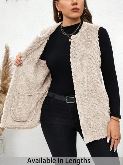 SHEIN Tall CURVE Chaleco informal de mujer talla grande con textura esponjosa y bolsillos dobles delanteros, adecuado para ropa de otoño de talla grande