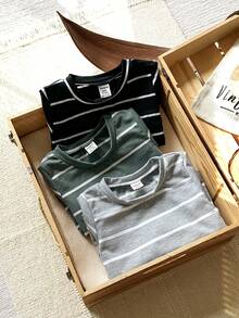 Vintaside Kids 3pcs/Set Newborn Baby Boy Striped Long Sleeve T-Shirt,Autumn Casual Round Neck Undershirt,Black White/Gray Green,Back-To-School Carrer Day School - Multicolor - View 6