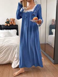 SHEIN Women's Blue Contrast Lace Square Neck Long Nightgown, Winter - Blue - View 3