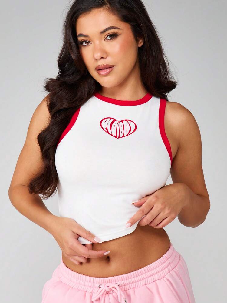 Missguided x Playboy Graphic Heart Print Racer Back Tank Top Sleeveless Ribbed Neckline Summer Casual Tank Top
