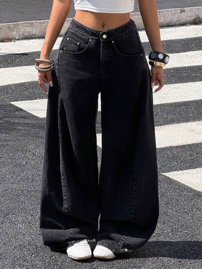 Muchica 100% Jeans évasés noirs polyvalents et décontractés en coton pour femmes, pour l'automne, l'hiver, Halloween, Noël et le Nouvel An