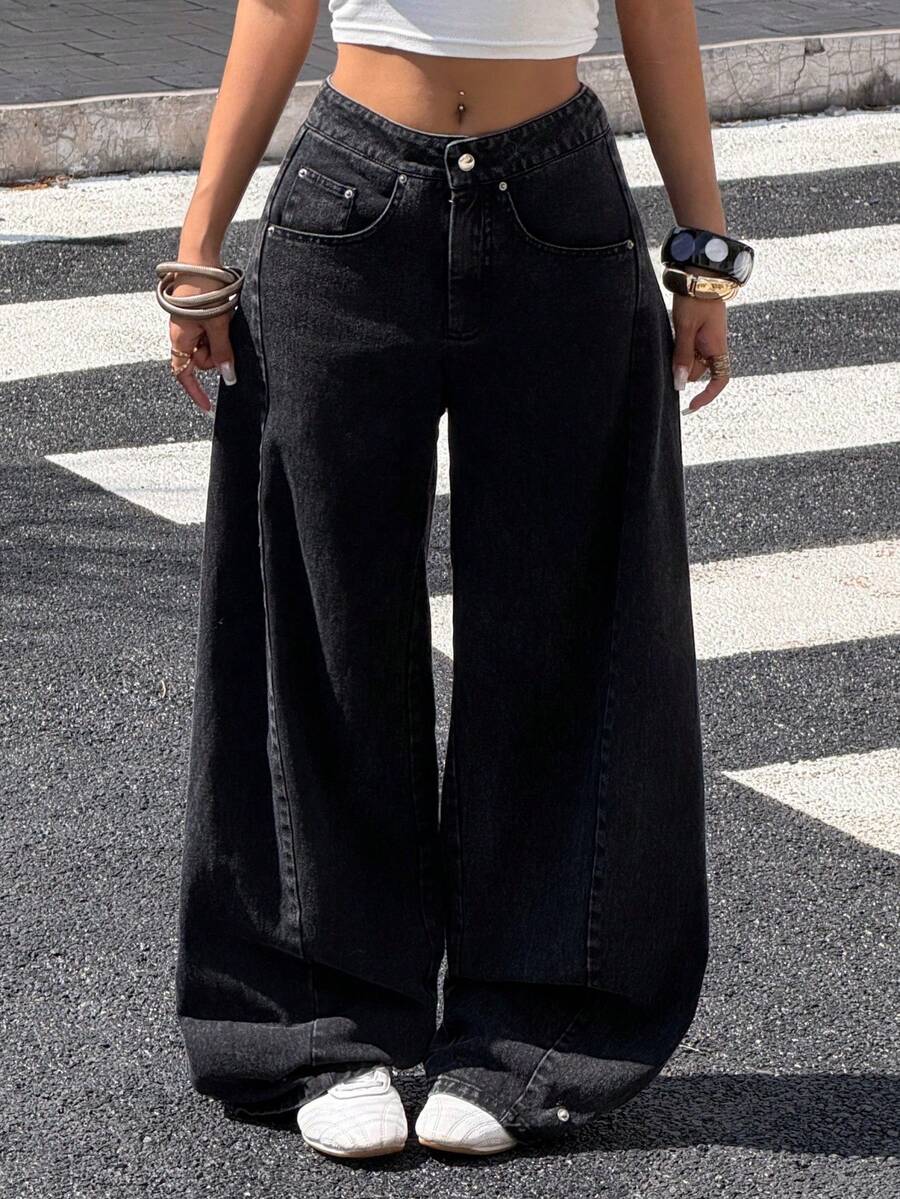 Muchica 100% Cotton Women's Black Casual Versatile Fashion Wide Leg Jeans, For Autumn Winter Halloween Christmas New Year - Black - View 1