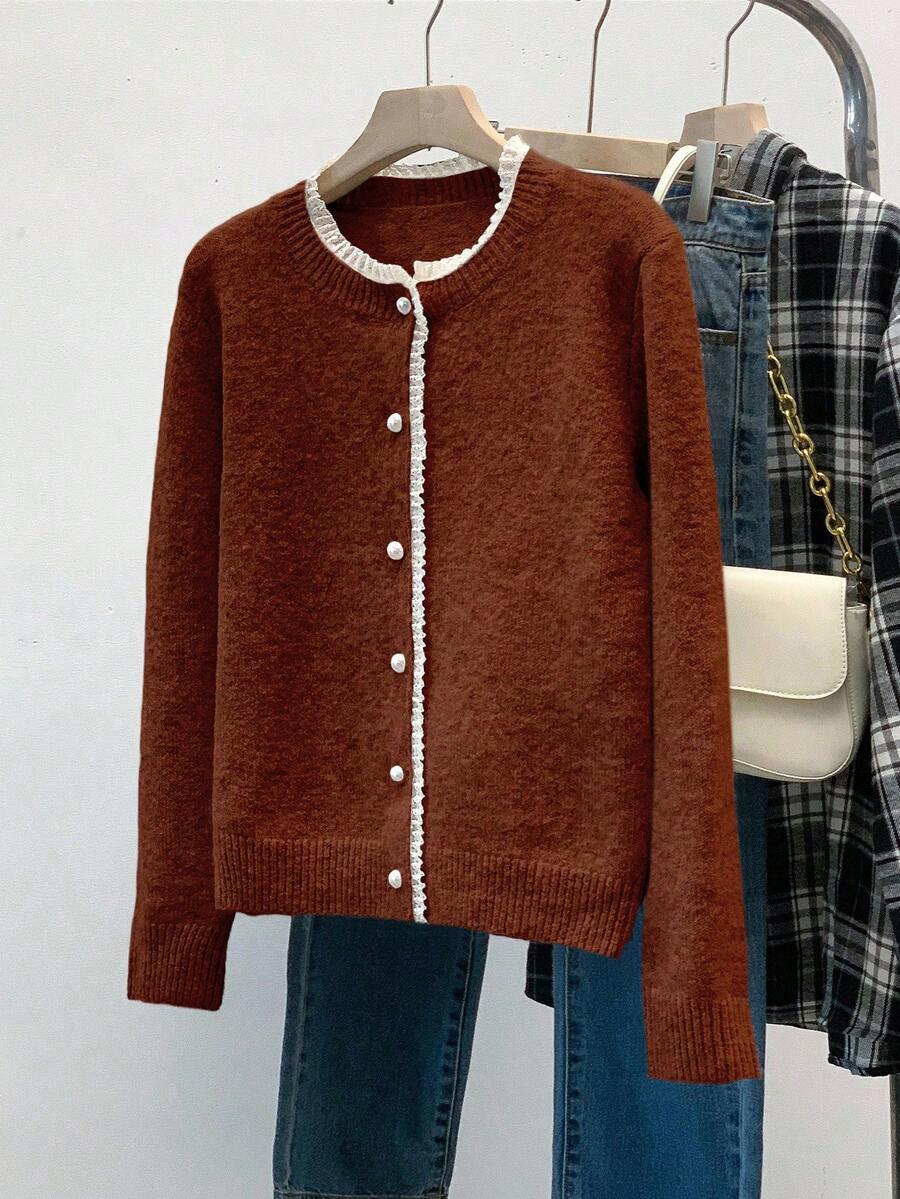 SHEIN Franclia Áo len dài tay cổ tròn viền ren thời trang cho xe hơi - Rỉ Nâu - Xem 1
