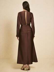 Poéselle Vestido de manga larga con cintura ceñida de unicolor elegante para mujeres - Marrón - Ver 3