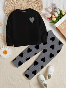 SHEIN 两件套女童休闲圆领长袖卫衣和打底裤，经典像素爱心印花，适合秋冬季穿着 - 彩色 - 查看 3