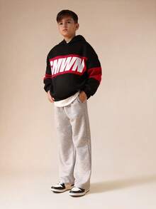 SUMWON Hoodie Pullover Oversize untuk Anak Laki-laki dengan Desain Blok Warna dan Cetak Logo, Lengan Panjang, Sweatshirt Kasual untuk Sekolah dan Liburan Akhir Pekan - Hitam - View 3