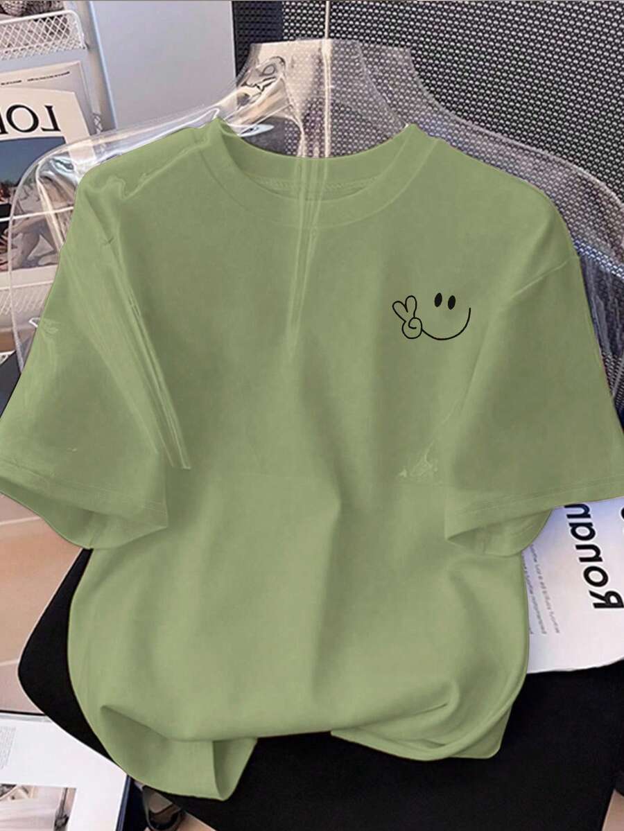 Resyla 女士休闲短袖T恤，饰有小碎花和笑脸图案 - 綠色 - 查看 1