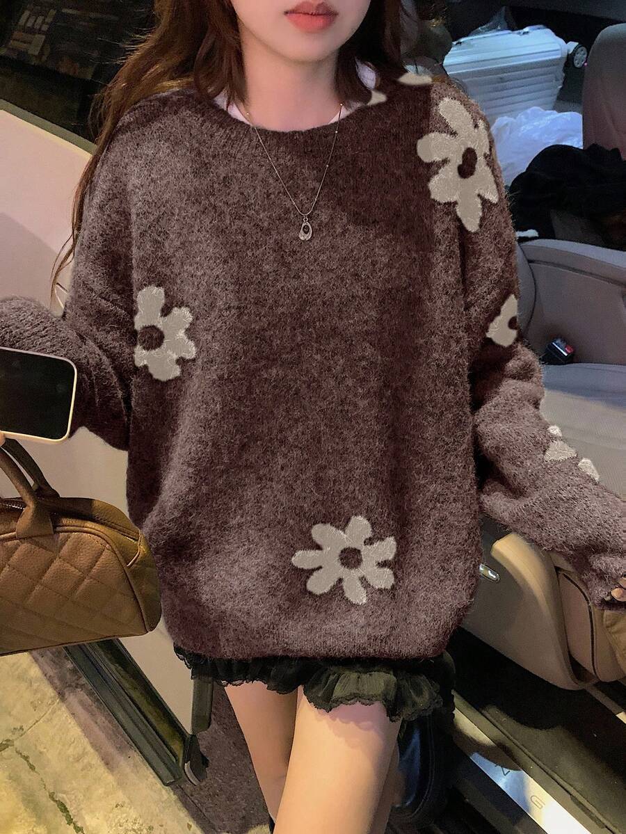 DAZY Women's Floral Print Loose Fit Crew Neck Pullover Sweater - Mocha Brown - View 1