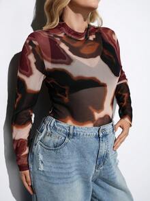 Maija 大码女式薄纱玫瑰印花长袖修身上衣，优雅都市通勤商务休闲上衣，春夏情人节派对海滩婚礼度假休闲圣帕特里克节复活节派对上衣海滩夏季假期海滩度假夏季外出毕业 - 彩色 - 查看 6