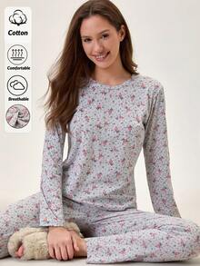 Loomlin 女士棉质花卉图案圆领长袖衬衫和睡裤家居服舒适睡衣套装 - 彩色 - 查看 1