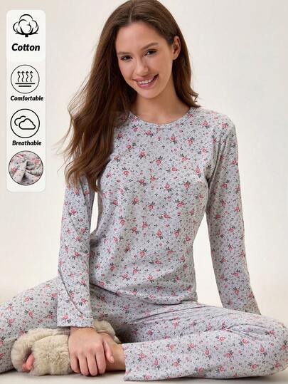 Loomlin Women Cotton Floral Pattern Round Neck Long Sleeve Shirt&Sleep Pants Homewear Comfort Pajama Set Pajama Sets For Women Round Neck Pj Sets For Women Long Sleeve Floral Pj Set Comfy Pajamas Set Women Pj Sets Cotton