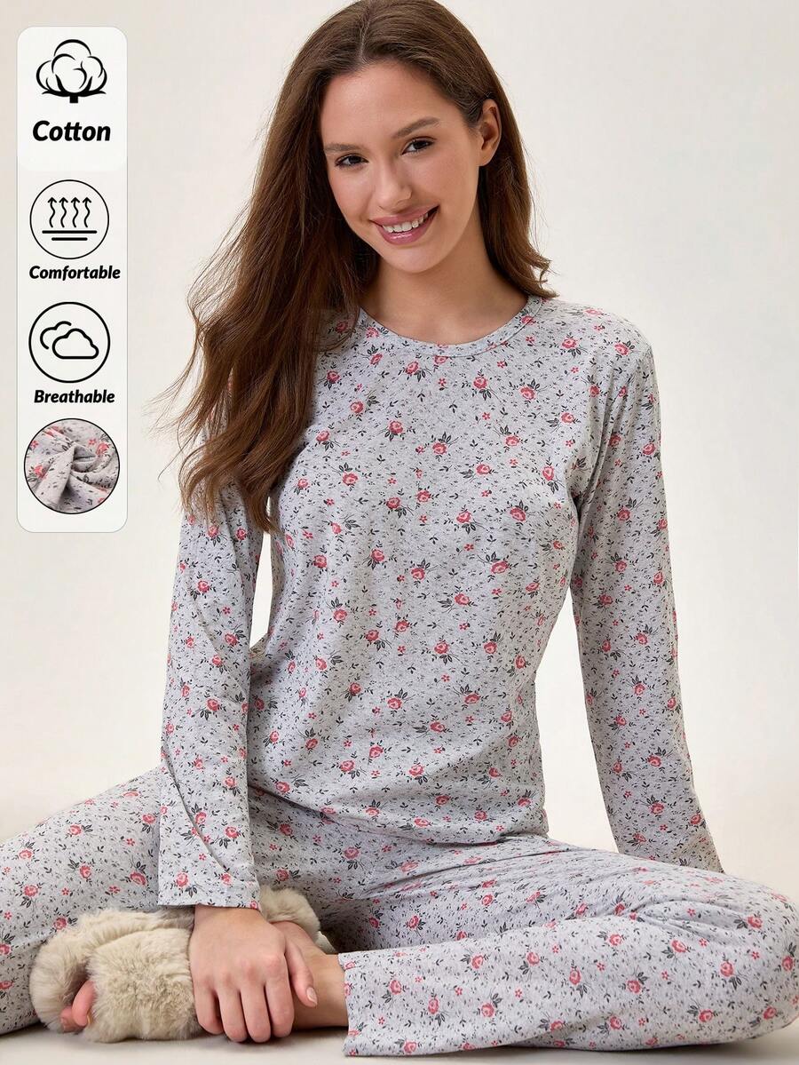 Loomlin 女士棉质花卉图案圆领长袖衬衫和睡裤家居服舒适睡衣套装 - 彩色 - 查看 1