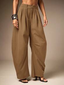 Hauture Basic Summer Casual Solid Charcoal Pleated Oversized Barrel Pants - Brown - View 4