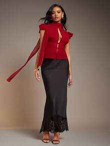 L'Amorae Women Chiffon Blouse Attached Scarf, Keyhole Detail, Valentines, Elegant, Wedding, Date Night - Red - View 5