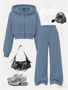 SHEIN 3件套女士休闲简约吊带背心、短款拉链连帽衫和阔腿裤套装，适合日常穿着