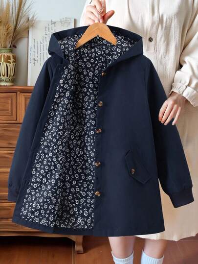 Sparklyn Girls' Casual Fashion Woven Solid Color Long Sleeve Hooded Single-Breasted Decorative Pocket Fully Allover Print Floral Lining Korean Style Versatile Jacket