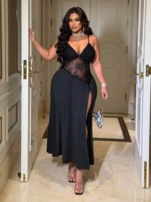 NU&NOW 加大码性感蕾丝露背V领时尚优雅连衣裙，红色，适合圣诞派对 - 黑色 - 查看 5