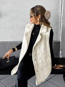 SHEIN Frenchy Áo khoác vest dáng rộng, hai hàng khuy trơn màu dành cho nữ, mùa đông - Màu be - Xem 4