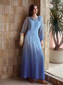 MOTF PREMIUM WOMEN'S ELEGANT FLOWY LONG MULBERRY SILK DRESS, SUMMER - Blue - View 6