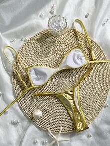 Swim SXY 女士露背系带纯色比基尼，可爱丁字裤，性感度假沙滩泳装，夏季 - 金色 - 查看 6