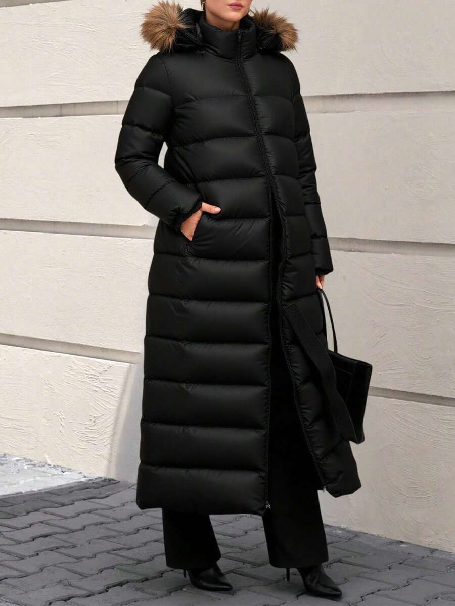 CLARA VERO Women Solid Color Zipper And Pocket Detailed Long Winter Coats - Black - View 1