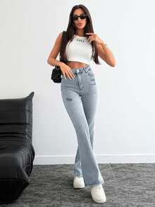 EURMUSE WOMEN HIGH WAIST SKINNY FLARE ELASTIC FABRIC STRETCH GREY WASH - Baby Blue - View 3